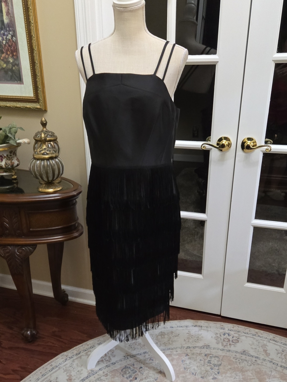 Shoshanna Midnight Black Double-Strap Fringe Midi Dress Fully Lined Size 12 EUC